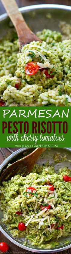 pesto pasta with cherry tomatoes and parmesan cheese in a pan on a wooden table