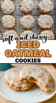 iced oatmeal cookies with frosting on top and the words soft and chewy