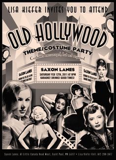 an old hollywood party poster with some women in black and white outfits on the front