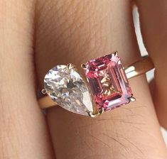 Pink Emerald & Pear Colorless Toi Et Moi Ring Big Diamond Ring For Wedding CZ Double Gem Engagement Ring, Pink Pear Engagement Ring, Pink Diamond Wedding Rings, Gem Engagement Ring, Big Diamond Ring, Big Diamond Rings, Gem Engagement Rings, Ring For Wedding, Pink Engagement Ring