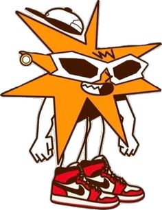 a drawing of a star with sunglasses and sneakers