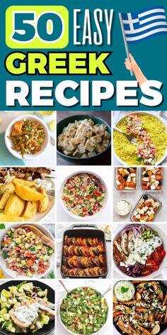 the cover of 50 easy greek recipes, with pictures of different foods and vegetables in them