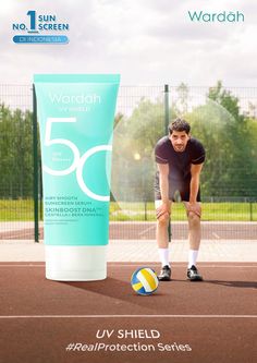 a man standing on a tennis court next to a tube of sun shield sunscreen