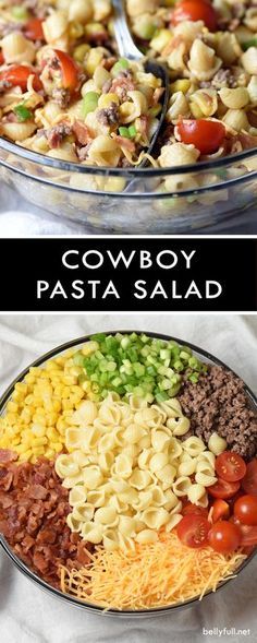 two bowls filled with pasta salad and the words cowboy pasta salad on top are shown