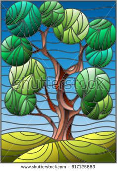 a stained glass window with an abstract tree on the background of green hills and blue sky