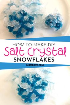 how to make diy salt crystal snowflakes on a white plate with text overlay