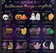 the zodiacs as halloween things and crystals pin set on a purple background with stars