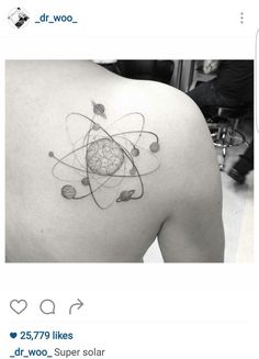 the back of a woman's shoulder with an image of planets and stars on it