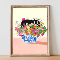 a painting of a black cat sitting in a blue and white vase filled with flowers