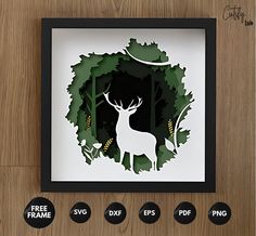 the silhouette of a deer is surrounded by green leaves and trees, with black buttons