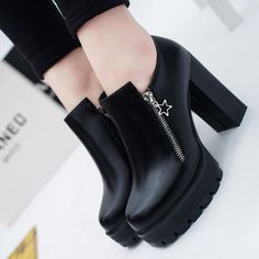 Specification: Upper Material: PU Boot Height: ANKLE Fit: Fits true to size, take your normal size Toe Shape: Round Toe Closure Type: ZIP is_handmade: Yes Pattern Type: Solid Heel Type: Square heel Boot Type: Basic Insole Material: EVA Shaft Material: PU Outsole Material: Rubber Fashion Element: Shallow Lining Material: PVC Heel Height: High (5cm-8cm) Model Number: 239 With Platforms: Yes Platform Height: 0-3cm Size Chart: Size Heel to Toe in inch European 3 8.66 34 4 8.86 35 5 9.06 36 6 9.25 37 Thick Heels Pumps, Ankle Boots For Women, Platform High Heel Shoes