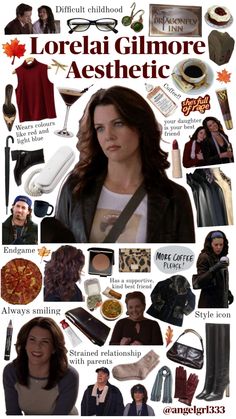 Mood board of Lorelai Gilmore (character from Gilmore girls) Lorelei Gilmore Makeup, Lorelai Gilmore Fall Outfits, Gilmore Outfits Lorelai, Lorelai Gilmore Makeup, Rory Gilmore Style Fall, How To Look Like Rory Gilmore, Gilmore Makeup, Lorelai Gilmore Fashion, Lorelai Aesthetic