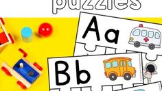 two puzzles with the words abc, b and c in front of them on a yellow background