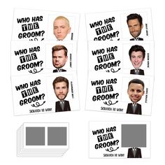 four different stickers with the names of men in suits and ties, one has an image of a man's face