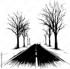 a black and white drawing of trees on the side of a road with no leaves