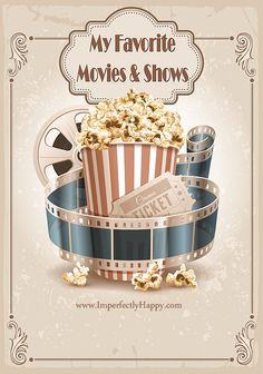 an old fashioned movie poster with popcorn and film reel