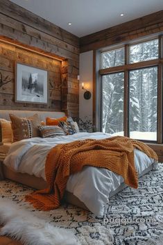 a large bed sitting in the middle of a bedroom next to a tall wooden wall