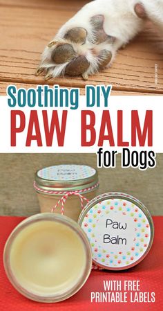 a collage of photos with dog paw balm labels and an image of a puppy paw