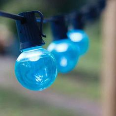 blue lights are hanging from a line in the yard