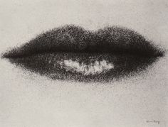 a black and white photo of an open mouth with small dots coming out of it