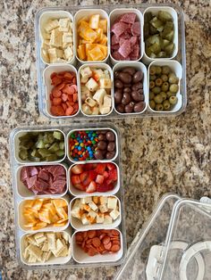 two plastic containers filled with different types of food next to an apple and other items