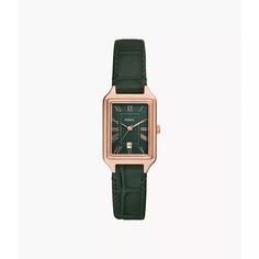 A true icon from our archive, the rectangular Raquel watch is updated with stunning details. Slim and versatile, it features a green satin dial with a rose gold-tone case, three-hand date movement and a green leather strap. Fossil leather products support responsible manufacturing via the Leather Working Group. Fossil Raquel Watch, Rectangular Watch, Fossil Watches Women, Green Watch, Fossil Watch, Fossil Watches, Three Hands, Leather Products, Green Satin