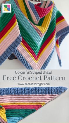 the colorful striped shawl is made from crochet yarn and has been folded in rows