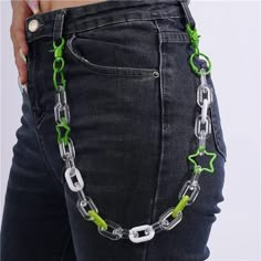 -Material: It Is Made Of High-Grade Acrylic That Does Not Get Dented And Scratched Easily -Length: 47cm/18.5inch Green Acrylic Jeans Chain Punk Can Be Used As A Decoration For Trousers, Or When You Are Wearing A Skirt Or A Backpack Or You Can Wear It As A Necklace -Color : Green -Occasion:Fashion Acrylic Pants Jeans Chain Key Pocket Chain Can Be Used At Music Festivals, Parties, Street Dancing,Rock,Hip-Hop Fans, Special Festivals Or Daily Decorating Overalls Etc. Acrylic Star Pocket Chain With L Eco Punk Fashion, Chain On Pants, Neon Green Accessories, Aliencore Outfit, Chains For Pants, Pants With Chains, Jean Chains, Cyberpunk Accessories, Chain Jeans