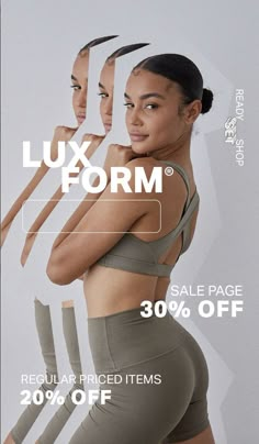 a woman in grey shorts and bra top with the words luxury form sale page 30 % off