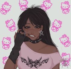 a drawing of a woman with black hair and tattoos on her chest, in front of hello kitty wallpaper