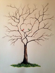 a drawing of a tree with two birds on it