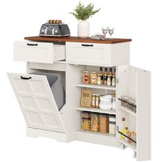 an open cabinet with food and drinks on it