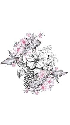 a fish and flowers tattoo design on a white background