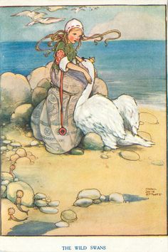 a painting of a woman sitting on top of a white bird next to the ocean