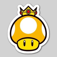 a yellow mushroom sticker with a crown on it's head and two red eyes