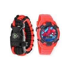 Marvel Spider-Man Unisex Watch and Survival Band Set in Red - SPD40110WM. Watches dont just tell time anymore  they tell stories. This watch has been designed to adapt to your daily life, style and needs. Stand out from the crowd and express yourself with a timepiece that will not break the bank. This is the LCD Watch with Buckle Clasp in Red that comes with Matching Survival Band and Compass for the true Spiderman fan. Size: one size.  Gender: male.  Age Group: adult. Mens Digital Watches, Black Spiderman, Boys Watches, Paw Patrol Nickelodeon, Pink Watch, Survival Bracelet, Blue Watches, Unisex Watches, Kids Watches