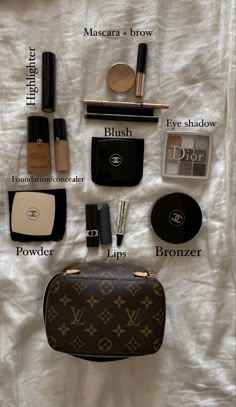 Glowy Makeup Routine, Chanel Bronzer, Armani Foundation, Chanel Powder, Makeup Lip Products, Minimalist Makeup Bag, Channel Makeup, Dior Eyeshadow