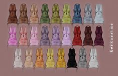 an assortment of different colored dresses with bows on the front and back, all in various colors