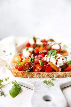 a close up of a piece of bread with tomatoes and other vegetables on the side