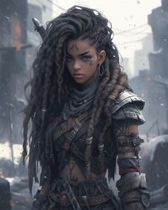 an image of a woman with dreadlocks on her head in the middle of a city