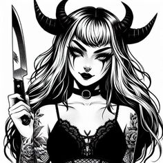 a woman with horns holding a knife in her hand