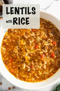 lentils with rice in a white bowl on a marble countertop and text overlay reads lentils with rice