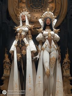 two women dressed in white outfits standing next to each other with gold decorations on them