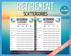 two printable retirement scatterers with the words retirement and work rest on them