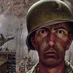 a painting of a man wearing a helmet and looking into the distance with other soldiers in the background