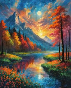 a painting of a mountain lake with trees and flowers in the foreground at sunset