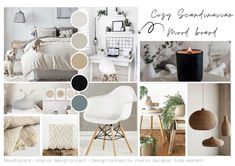 a collage of white and neutrals with text that reads cozy scandinavian bedroom mood board