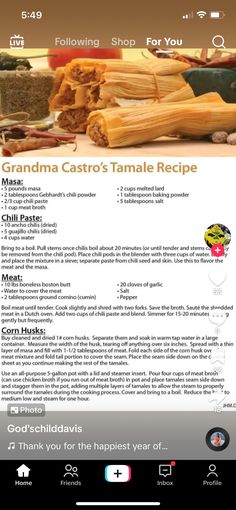 the grandma castro's tamale recipe is displayed on an iphone screen, with other ingredients