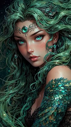 a woman with long green hair and blue eyes is shown in this digital painting style