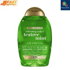 OGX Extra Strength Refreshing Scalp + Teatree Mint Invigorating Shampoo,13 fl oz Specifications: REFRESHING DEEP CLEANSE: This 13-fluid ounce bottle of OGX Extra Strength Refreshing Scalp + Teatree Mint Shampoo removes residue without stripping strands to refresh and reset strands MINTY TINGLING SCALP SENSATION: The nourishing shampoo features a lightweight blend to deliver a long-lasting clean while leaving hair shiny, soft and hydrated with a healthy look and feel HAIR CARE INSPIRED BY NATURE: Its unique formula is infused with tea tree oil to invigorate the scalp, peppermint extract to awaken the senses, and the natural astringent witch hazel to help remove buildup and nourish the scalp ENGAGE THE SENSES: Experience a burst of freshness and a sweet peppermint, iced vanilla and tea tree Tea Tree Mint Shampoo, Diy Shampoo Recipe, Ogx Shampoo, Australian Tea Tree Oil, Peppermint Extract, Mint Shampoo, Tea Tree Shampoo, Mint Hair, Hair Growth Shampoo